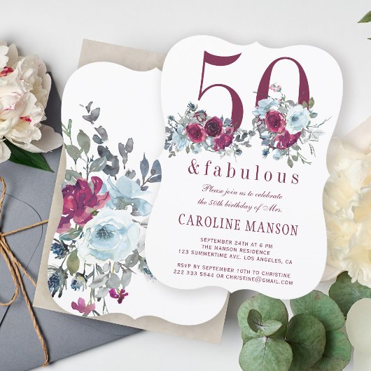 Invitation 50 et fabuleux rouge bordeaux floral 50e anniversa
