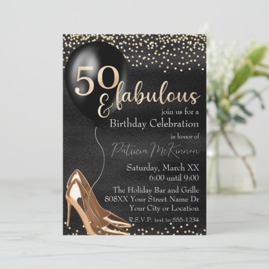 Invitation 50 et Fabuleux Talons Hauts Dorés sur Fond Noir (Debout devant)