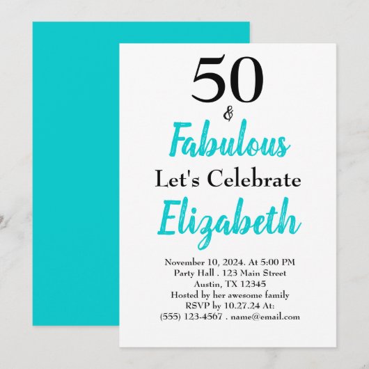 Invitation 50 et Fabuleux Turquoise Blue Anniversaire (Devant / Derrière)