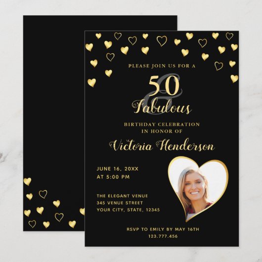 Invitation 50 et Fabulous Black and Gold Birthday (Devant / Derrière)