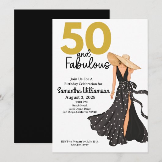 Invitation 50 et Fabulous Black and Gold fête d'anniversaire (Devant / Derrière)