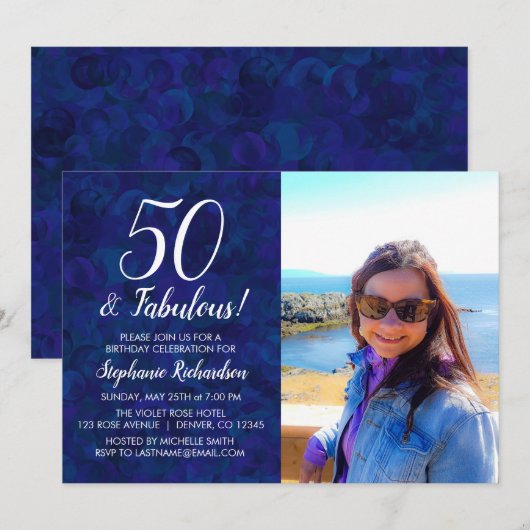 Invitation 50 et Fabulous Navy Blue Photo Anniversaire (Devant / Derrière)