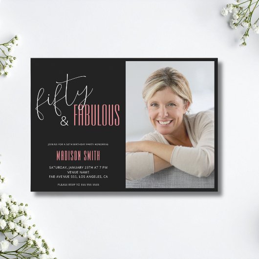 Invitation 50 et Fabulous Photo noir et rose 50e anniversaire