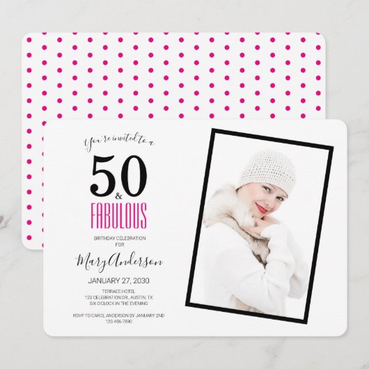 Invitation 50 et Fabulous Pink 50e fête d'anniversaire (Devant / Derrière)