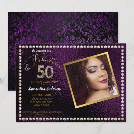 Invitation 50 et Fabulous Purple Bling 50e anniversaire (Devant / Derrière)