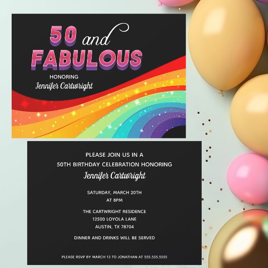 Invitation 50 et Fabulous Rainbow Sparkle texte rose Annivers