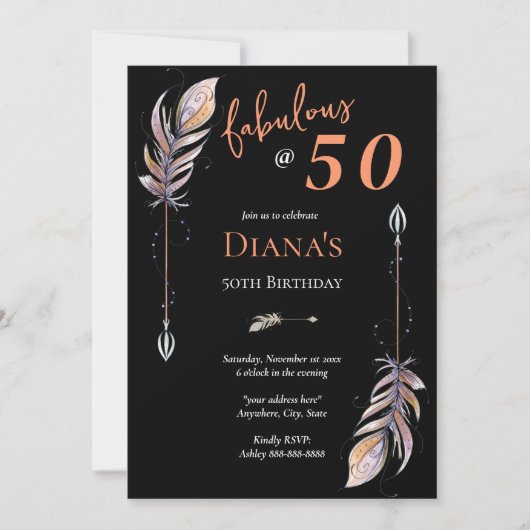 Invitation 50 & Fab 50e anniversaire Black Orange Boho Feathe (Devant)