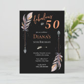 Invitation 50 & Fab 50e anniversaire Black Orange Boho Feathe (Debout devant)