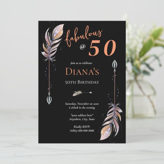 Invitation 50 & Fab 50e anniversaire Black Orange Boho Feathe (Debout devant)