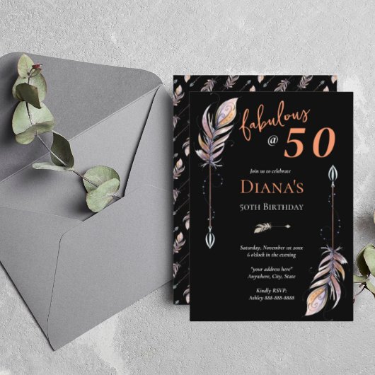 Invitation 50 & Fab 50e anniversaire Black Orange Boho Feathe