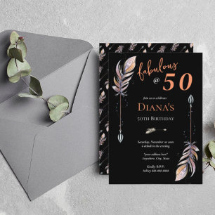 Invitation 50 & Fab 50e Anniversaire Noir Orange Bohème Plume