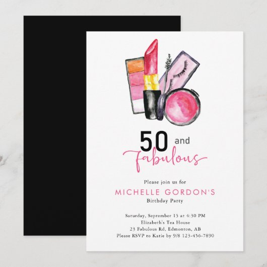 Invitation 50 & Fabuleux 50e Anniversaire Cosmétiques Beauté (Devant / Derrière)