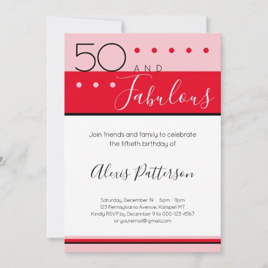 Invitation 50 Fabuleux Anniversaire rose rouge moderne (Devant)