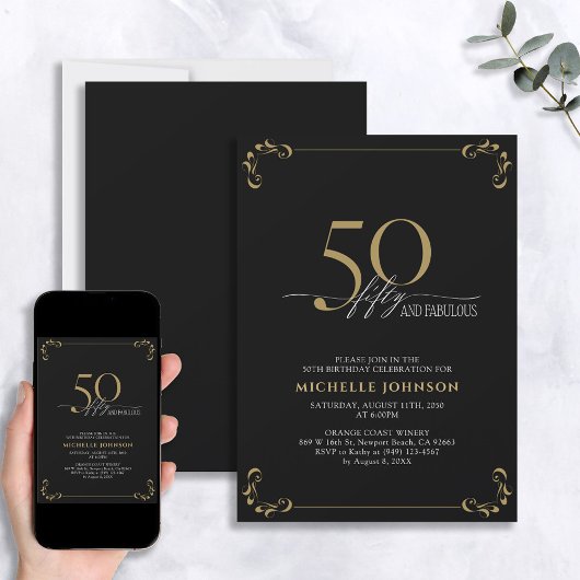Invitation 50 & Fabuleux Black & Gold Calligraphy Anniversair