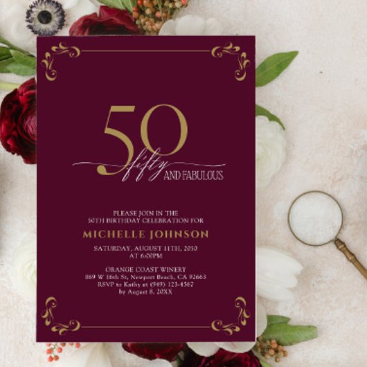Invitation 50 & Fabuleux Burgundy Blanc & Or Anniversaire