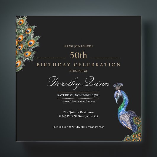 Invitation 50 & Fabuleux Elegant Aquarelle Peacock Anniversai