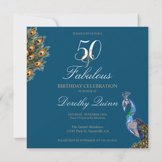 Invitation 50 & Fabuleux Elegant Aquarelle Peacock Anniversai (Devant)