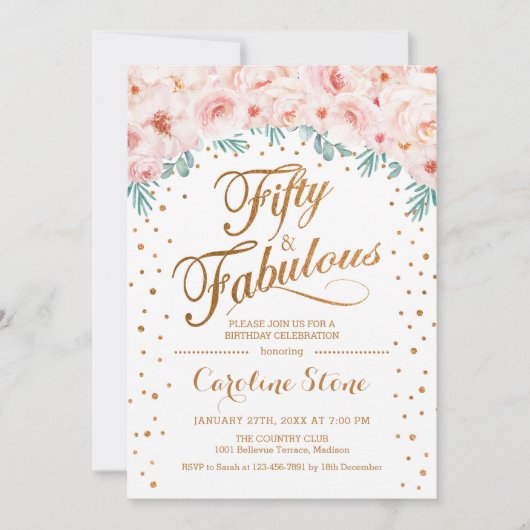 Invitation 50 Fabuleux fête d'anniversaire - Blanc Or rose (Devant)