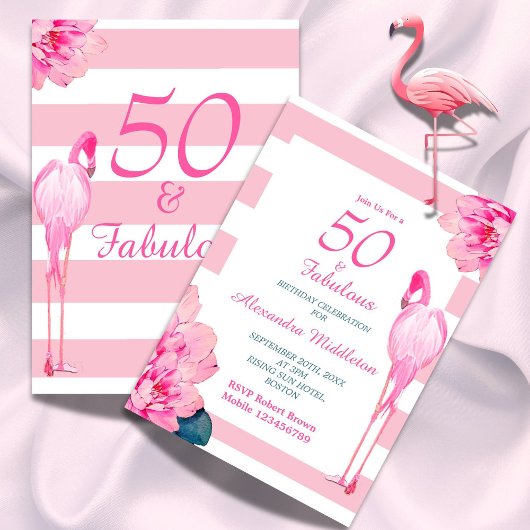 Invitation 50 Fabuleux Flamant rose rose Floral Chic Annivers
