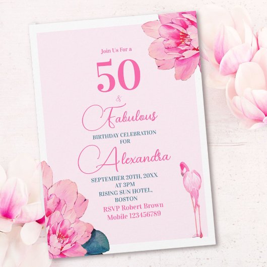Invitation 50 Fabuleux Flamant rose rose Floral Chic Annivers