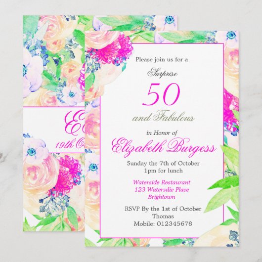 Invitation 50 Fabuleux Floral Rose rose chic Anniversaire (Devant / Derrière)