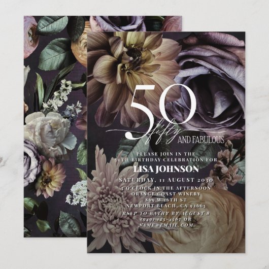 Invitation 50 & Fabuleux Moderne Dark Moody Purple Floral (Devant / Derrière)