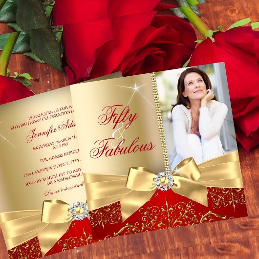 Invitation 50 & Fabuleux Photo Gold Red Bow 50e anniversaire
