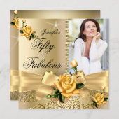 Invitation 50 & Fabuleux Photo Gold Yellow Rose Bow Anniversa (Devant / Derrière)
