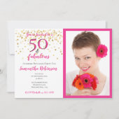 Invitation 50 & Fabuleux Photo Pink White Chevron Gold Dots (Devant)