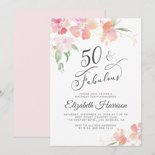 Invitation 50 Fabuleux Pink Floral Aquarelle fête d'anniversa (Devant / Derrière)