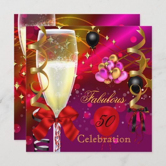Invitation 50 & Fabuleux Pink Red Gold Black fête d'anniversa (Devant / Derrière)