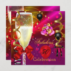 Invitation 50 & Fabuleux Pink Red Gold Black fête d'anniversa