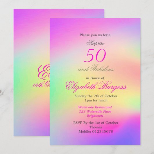 Invitation 50 Fabuleux Rainbow Tie Dye Pink Chic Anniversaire (Devant / Derrière)