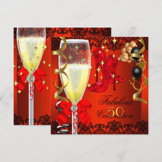 Invitation 50 Fabuleux Red Black Gold 50e Champagne Party (Devant / Derrière)