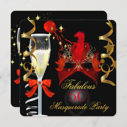 Invitation 50 & Fabuleux Red Gold Black Masquerade Party (Devant / Derrière)