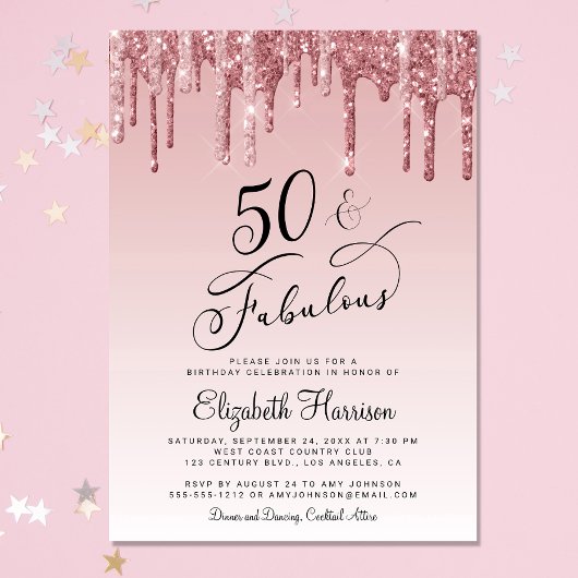 Invitation 50 Fabuleux Rose Parties scintillant Gold rose fêt