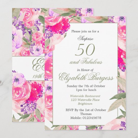 Invitation 50 Fabuleux Rose rose floral chic Anniversaire (Devant / Derrière)