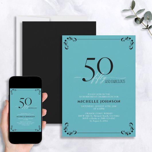Invitation 50 & Fabuleux Turquoise Noir & Blanc Anniversaire
