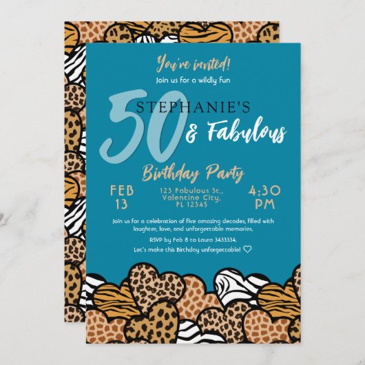 Invitation 50 & Fabuleux Turquoises Coeurs sauvages Cinquante (Devant / Derrière)