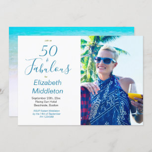 Invitation 50 Fabulous Beach Blue Modern Photo Typographie