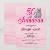 Invitation 50 & Fabulous Chat, rose et gris, 50e anniversaire (Devant / Derrière)