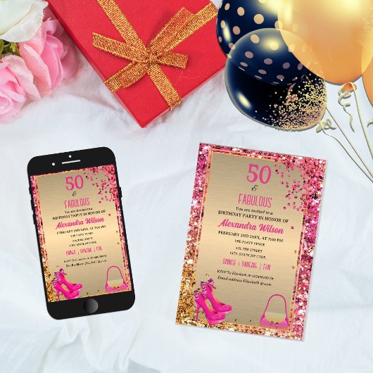 Invitation 50 & Fabulous Gold Pink Glittery High Heels