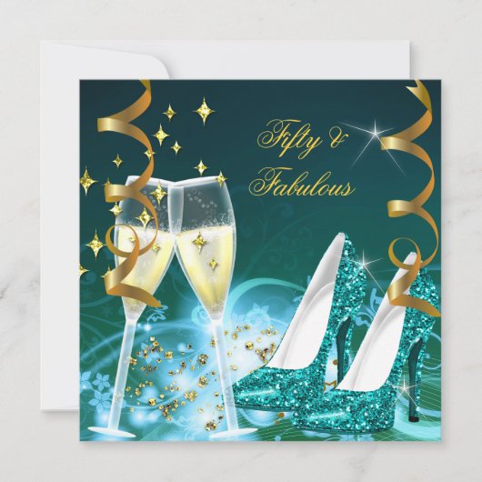 Invitation 50 & Fabulous Gold Turquoise Parties scintillant t (Devant)