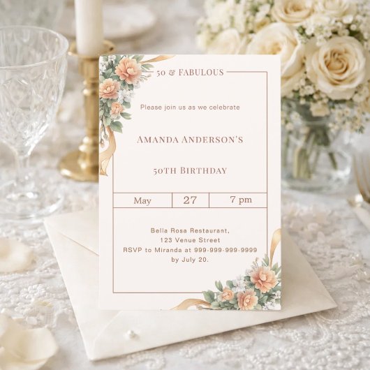 Invitation 50 fabulous ivory peach gold florals birthday