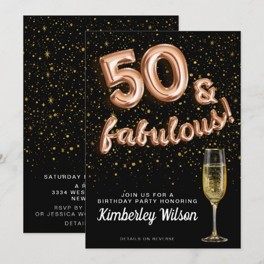 Invitation 50 & Fabulous Parties scintillant Black Rose Gold  (Devant / Derrière)