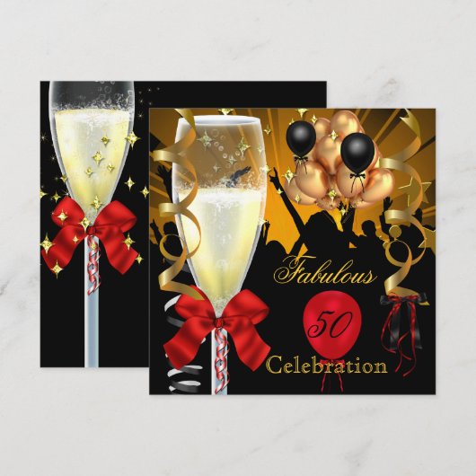 Invitation 50 & Fabulous Red Gold Black fête d'anniversaire (Devant / Derrière)
