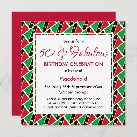 Invitation 50 & Fabulous ST KITTS NEVIS FLAG Custom Birthday (Devant / Derrière)