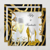 Invitation 50 & Fantastic Zebra Black White Gold Party (Devant / Derrière)