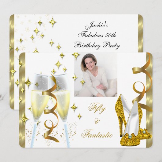 Invitation 50 & Fantastique Élégant Champagne Talons Dorés Ph (Devant / Derrière)