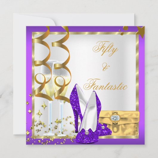 Invitation 50 & Fantastique Purple White Gold fête d'annivers (Devant)